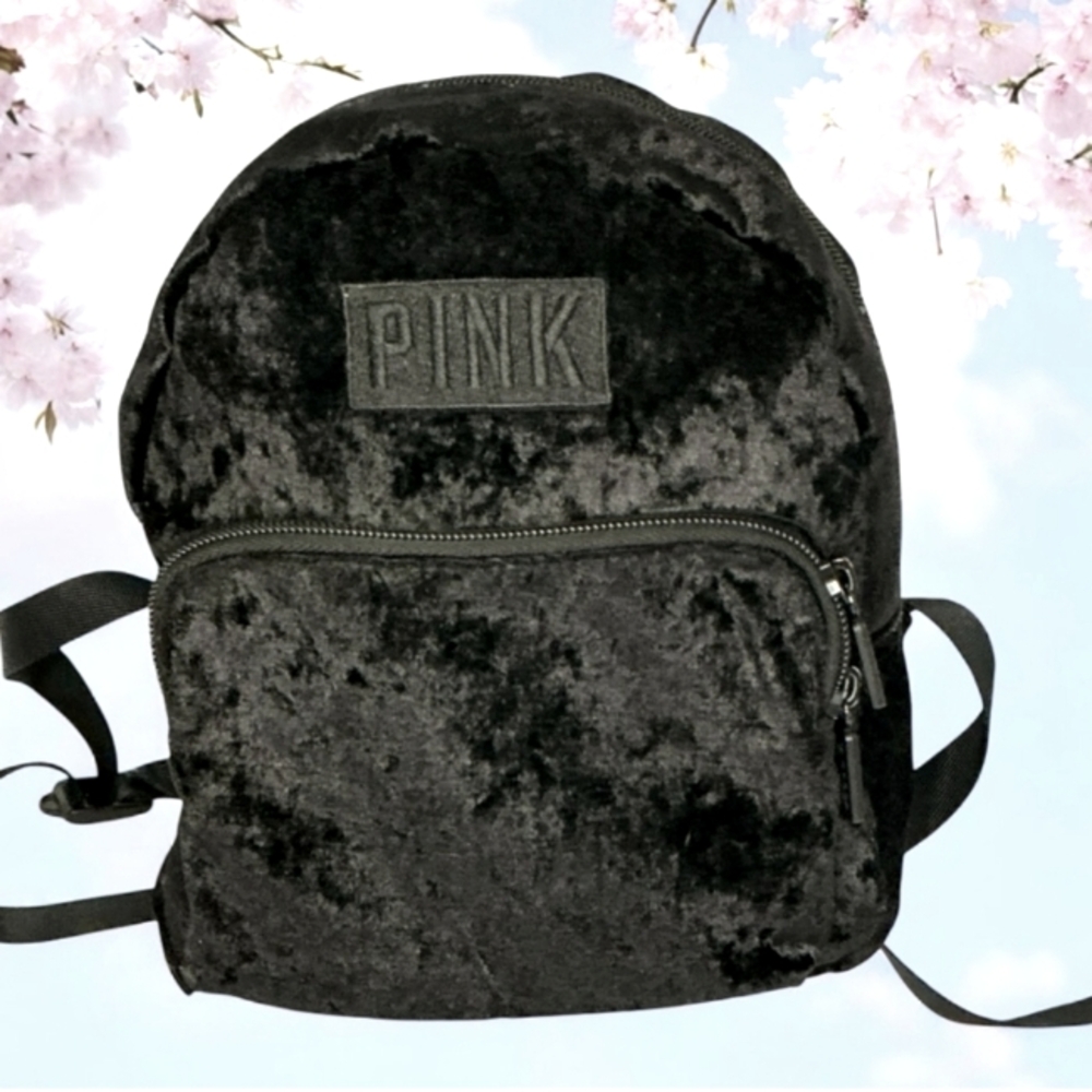 PINK by Victoria’s Secret Crushed Velvet Velour Mini Backpack Black